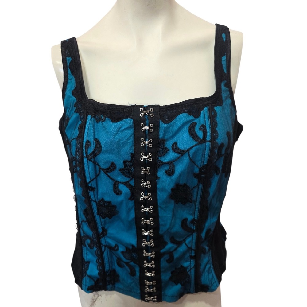 Tripp NYC Blue Black Lace Corset Top Gothic Hook Eye Lace Up Back Women's 1